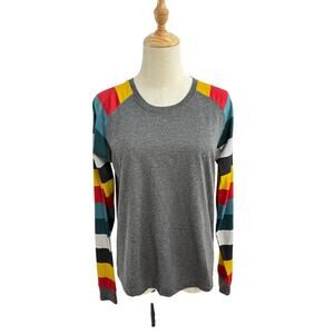 Juneberry Retro Inspired Raglan Sleeve T-Shirt w/ Multi Stripe Sleeve, Size M